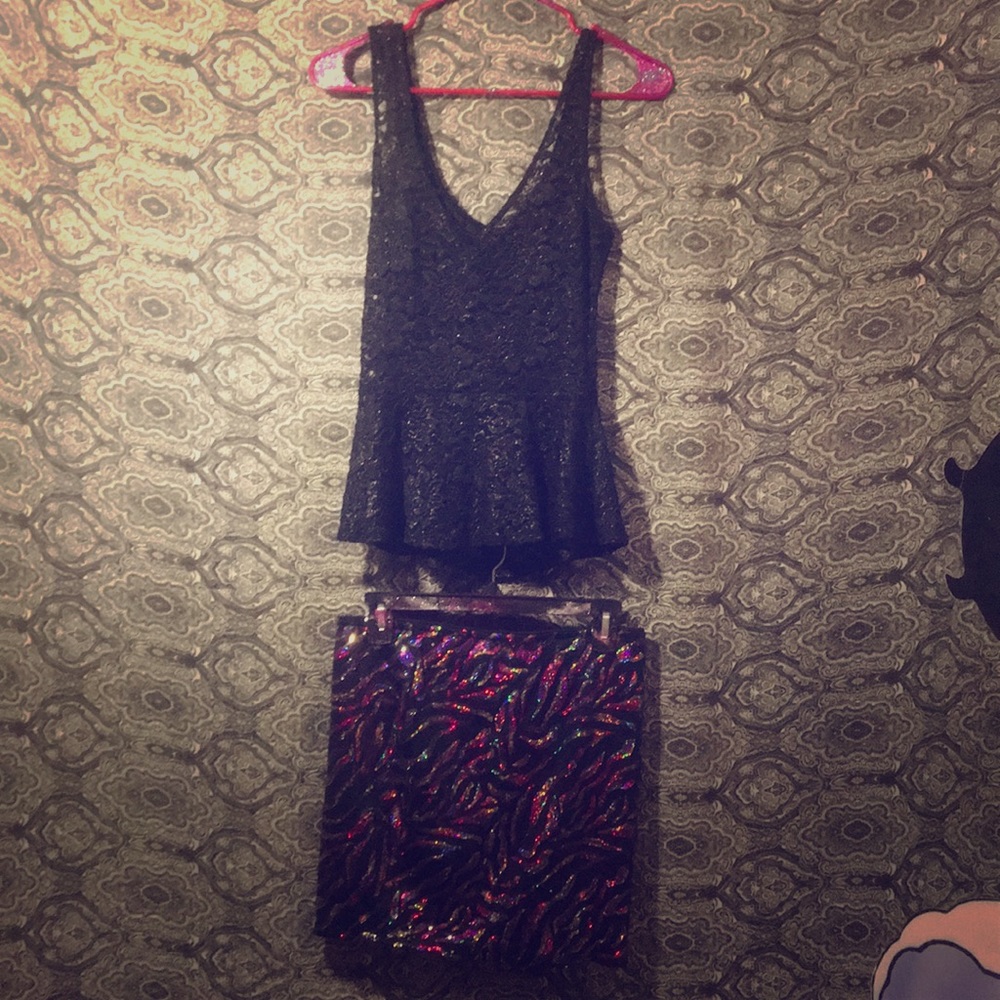 sequined skirt and see-through black sparkly top